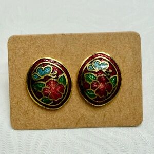 Vintage Cloisonné Floral Gold-Tone  pierced Earrings #334CE